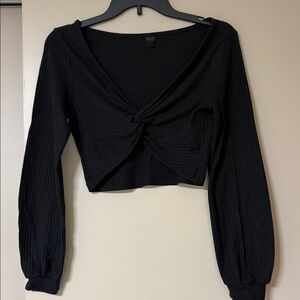 SHEIN Elegant Black Ribbed Twist Crop Top